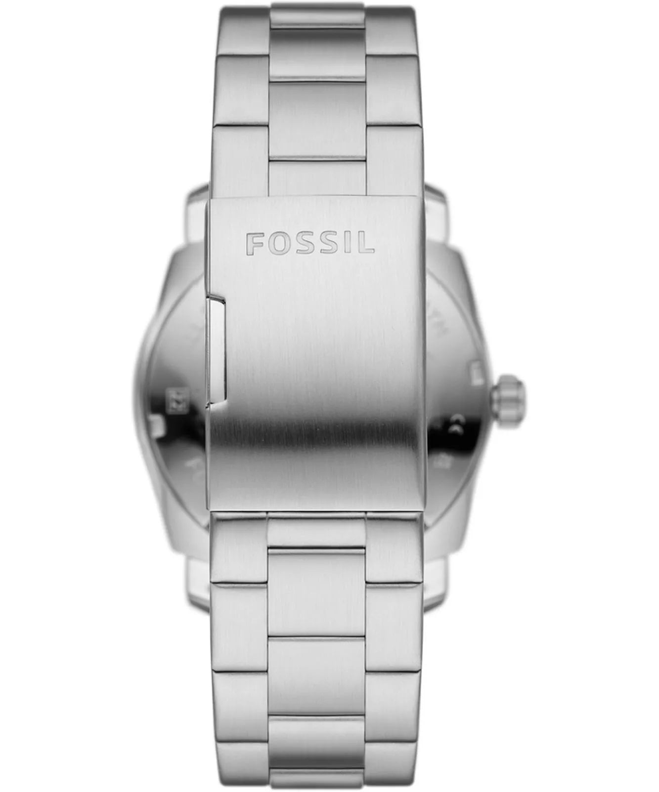 Fossil Machine FS5899 caseback with engraved FOSSIL logo and stainless steel bracelet