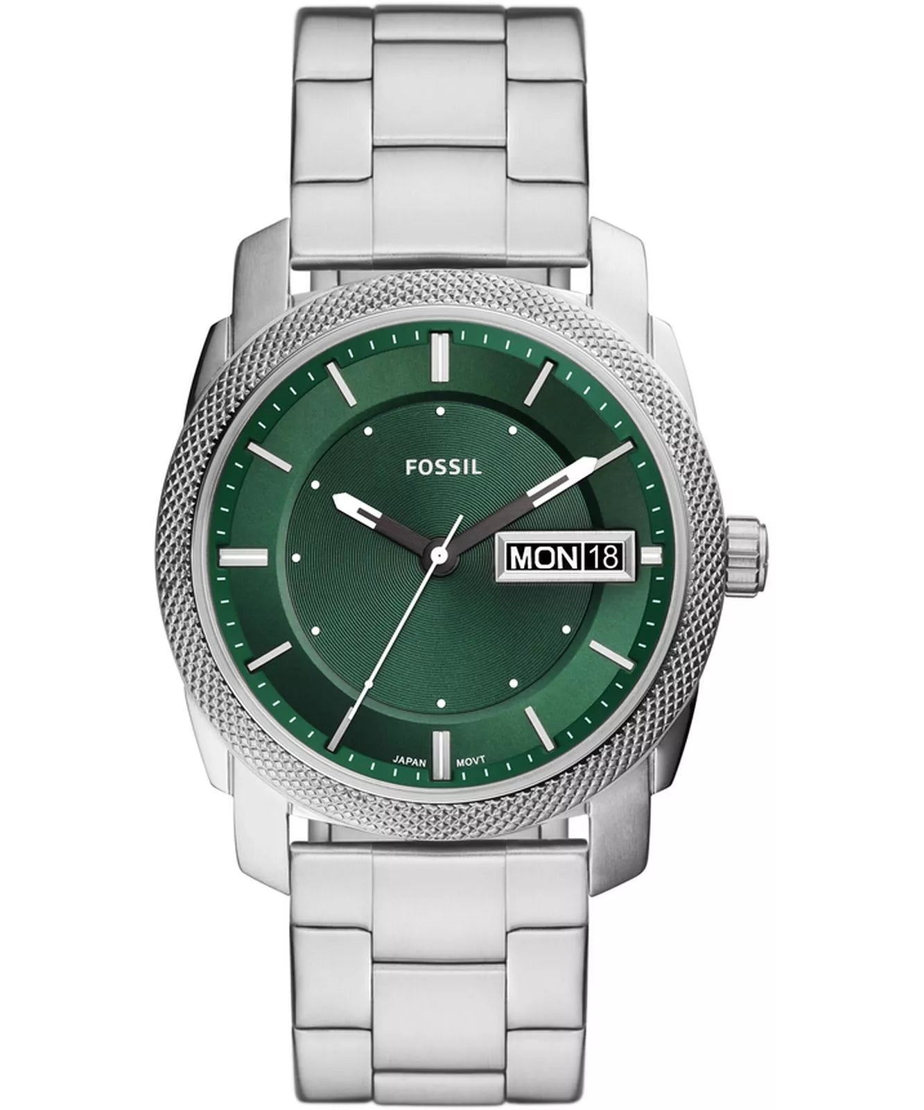 Fossil Machine FS5899 men's watch with green dial, date window, and stainless steel bracelet