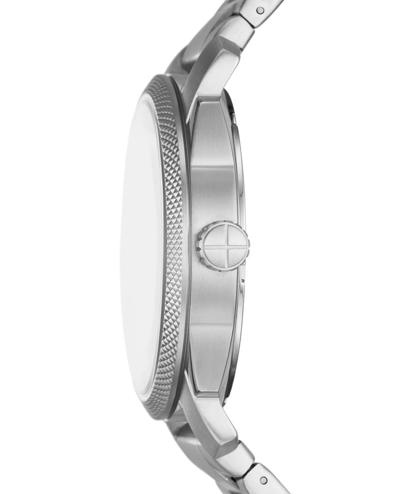 Side view of Fossil Machine FS5899 showing textured bezel and stainless steel case profile