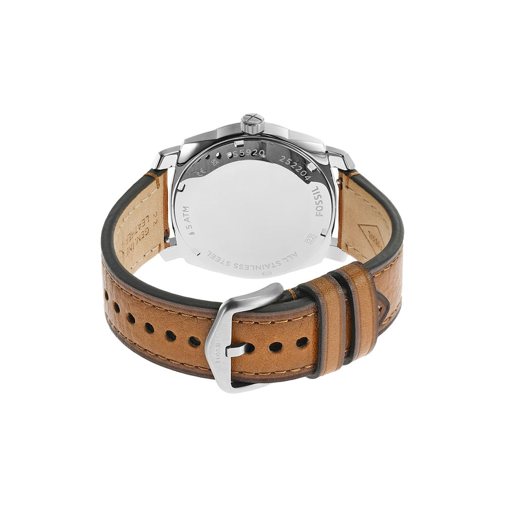 Fossil Machine FS5920 caseback with tan leather strap visible