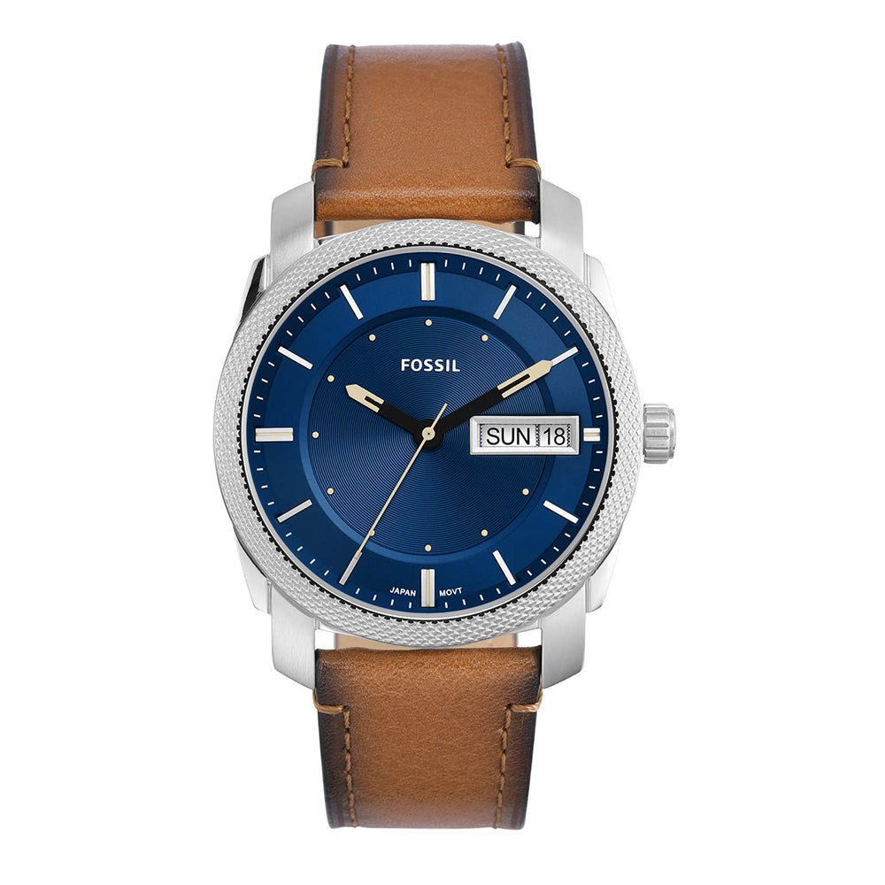 Fossil Machine FS5920 watch with blue dial, day-date window, tan leather strap, and stainless steel case