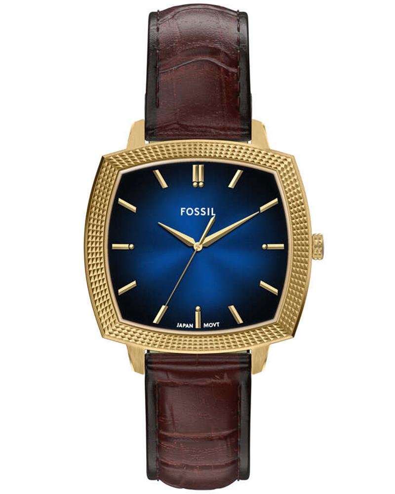 Gold-tone Fossil Machine Luxe watch with blue vignette dial and brown crocodile leather strap