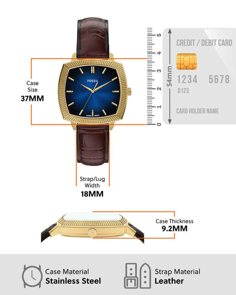 Watch specifications showing 37MM case size, 18MM strap width, 9.2MM thickness, stainless steel and leather materials