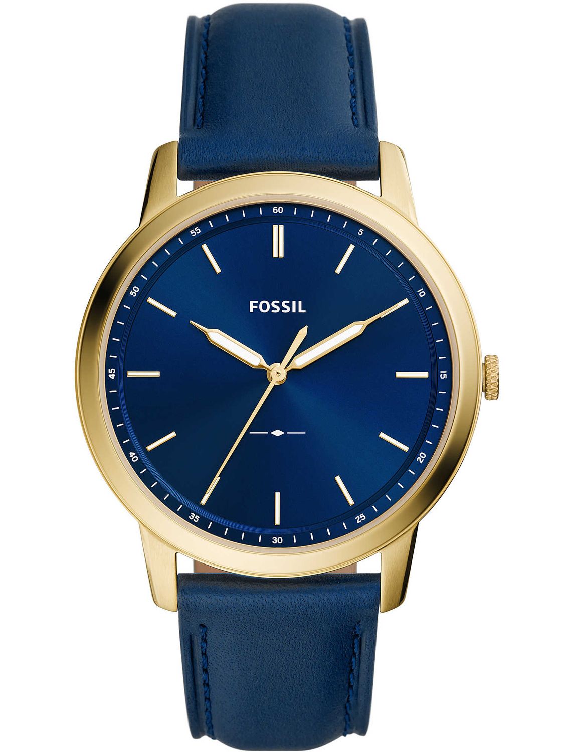 Fossil Minimalist watch front view with blue dial, gold case, and blue leather strap