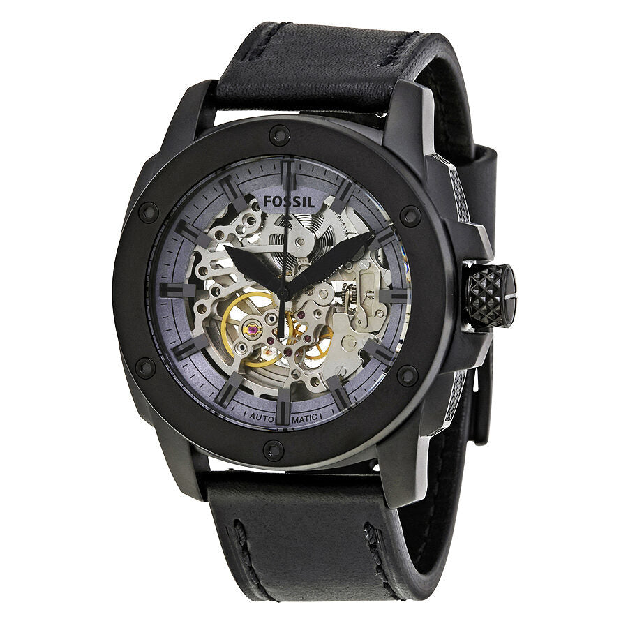 Fossil Modern Machine automatic skeleton dial men's watch with black leather strap and round black case