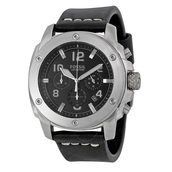 Fossil Modern Machine Chronograph Black Dial Black Leather Strap Watch for Men