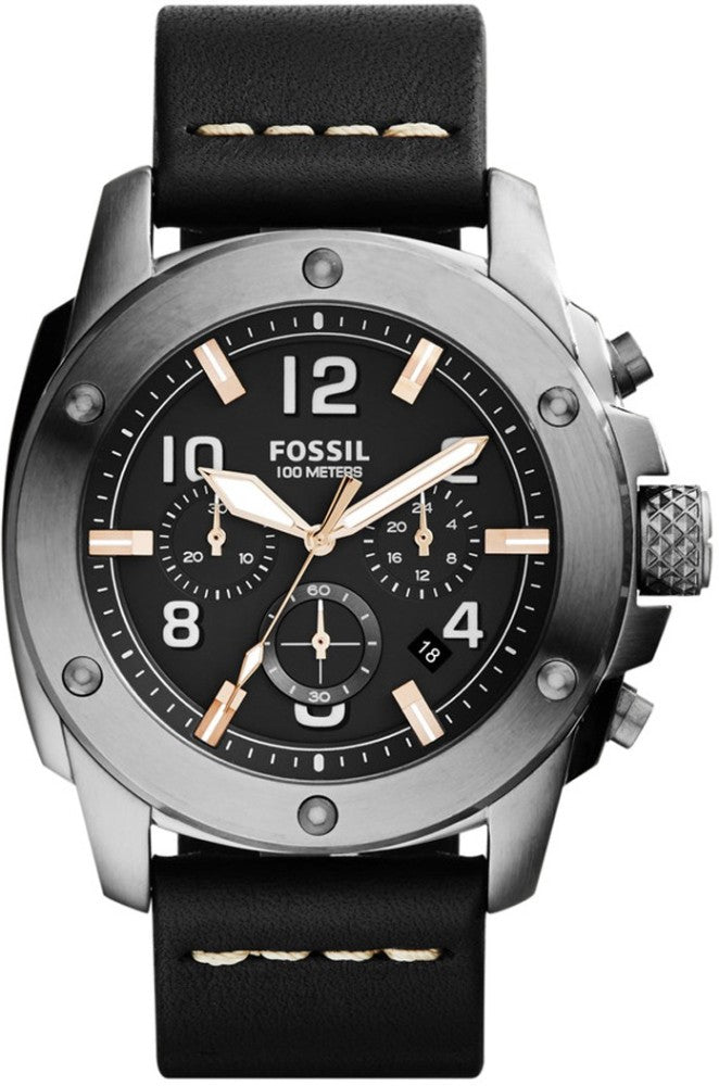 Fossil Modern Machine Chronograph Black Dial Black Leather Strap Watch for Men