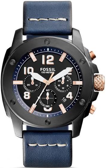 Fossil Modern Machine chronograph watch with black dial, blue leather strap, and rose gold accents