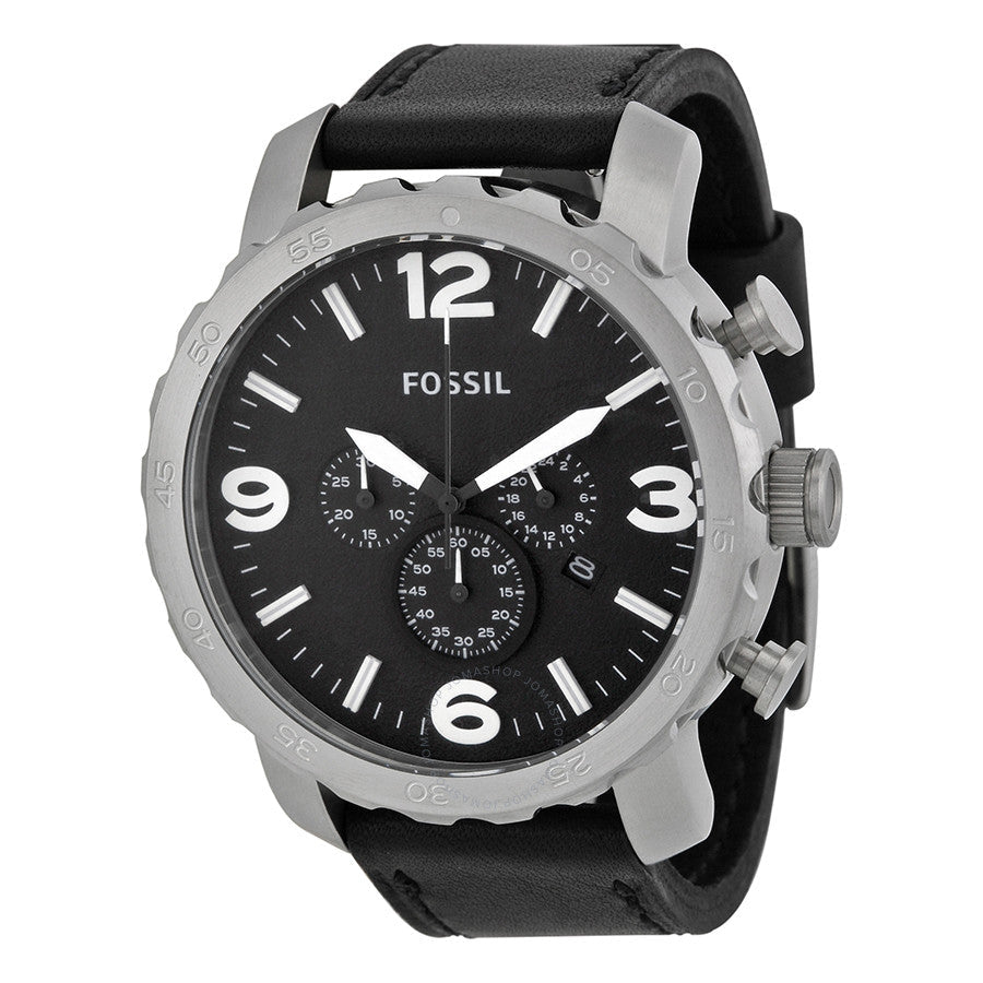 Fossil Nate chronograph men's watch with black dial and silver-tone case