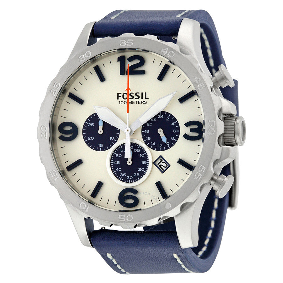 Fossil Nate chronograph watch with beige dial, blue subdials, and navy leather strap