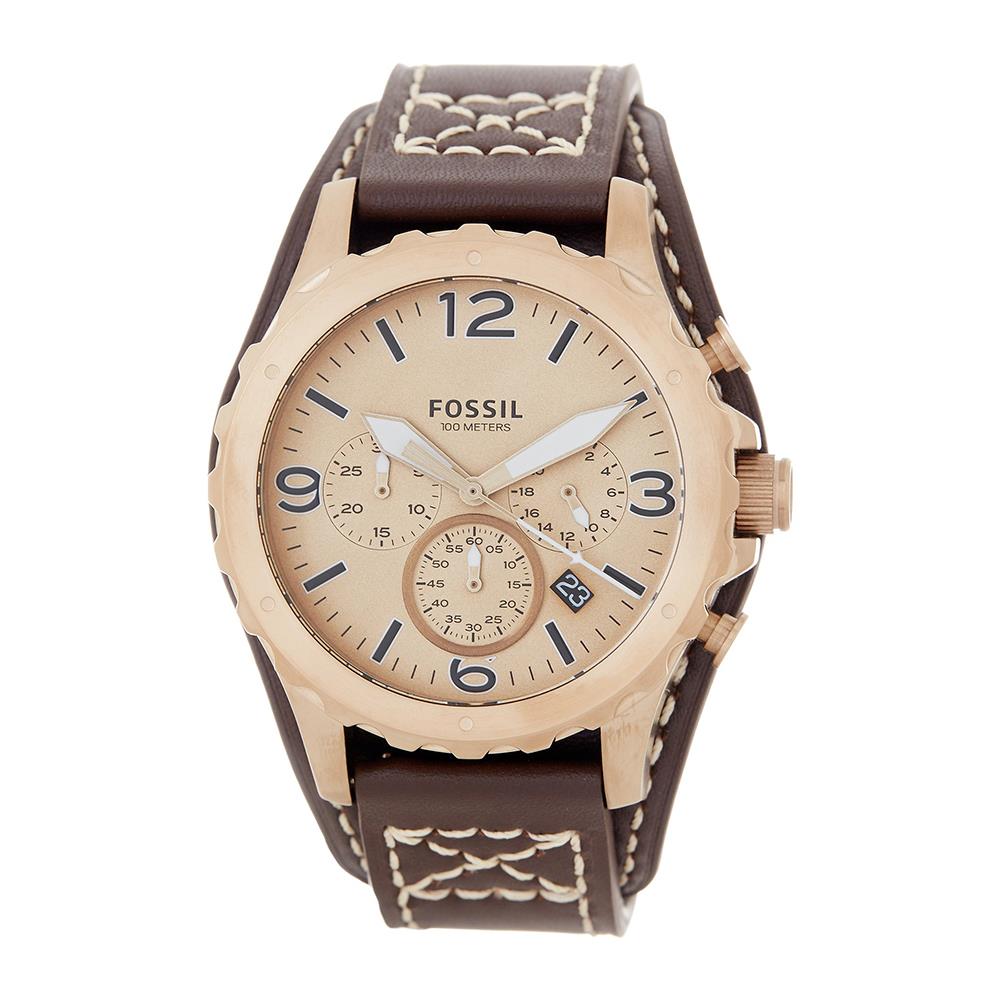 Fossil Nate chronograph watch with gold dial, gold case, and brown leather strap