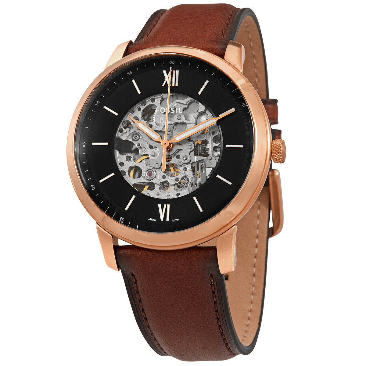 Fossil Neutra automatic watch with black skeleton dial, rose gold case, and brown leather strap
