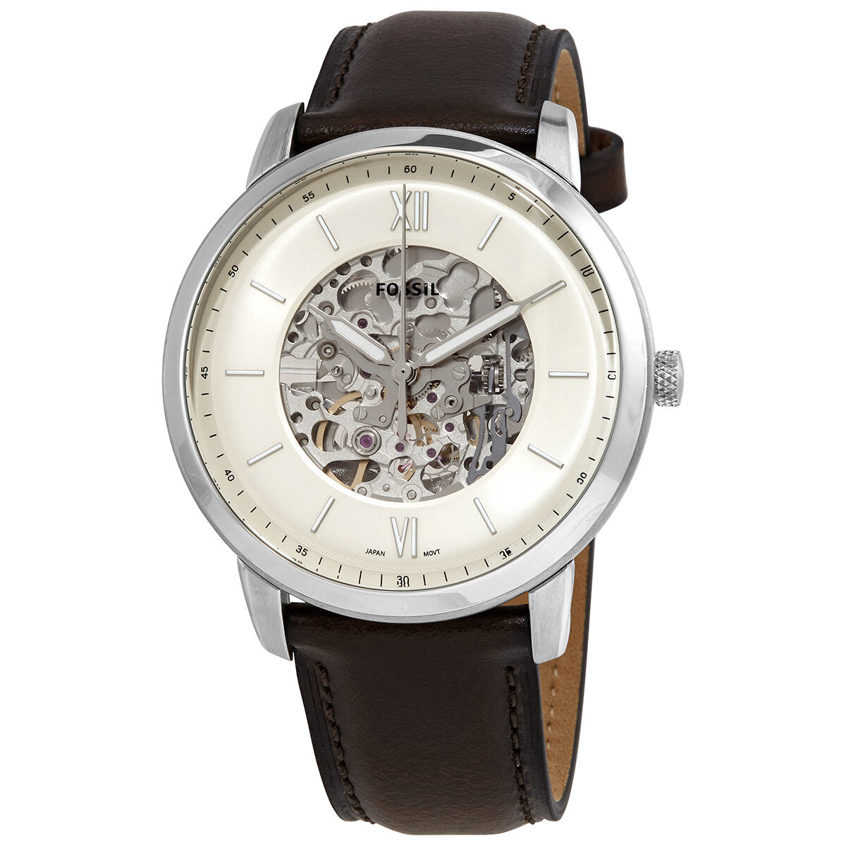 Fossil Neutra automatic watch with cream skeleton dial, stainless steel case, brown leather strap
