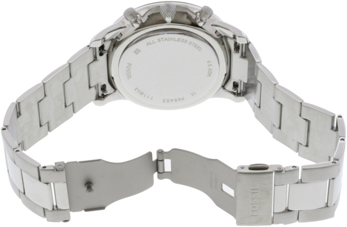 Fossil Neutra watch caseback showing stainless steel with engraved text and folding clasp