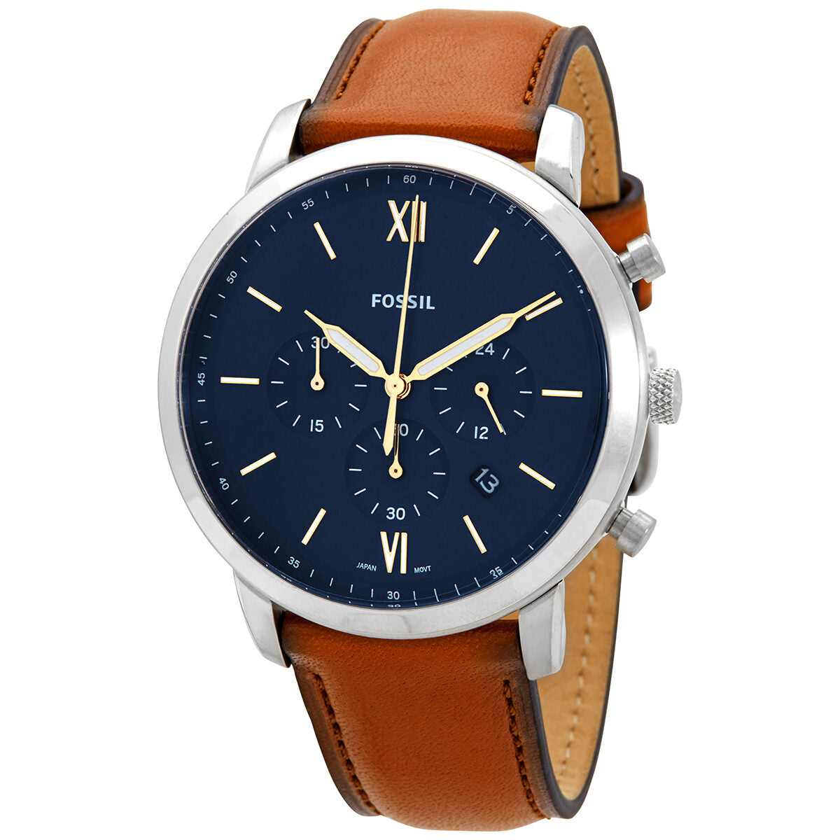 Fossil Neutra chronograph watch with blue dial, Roman numerals, stainless steel case and brown leather strap