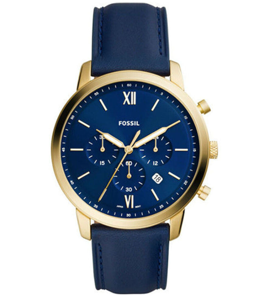 Fossil Neutra Chronograph watch with navy dial, gold case, and navy leather strap