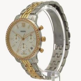 Fossil Neutra ES5216 two-tone chronograph watch side view showing case profile and bracelet