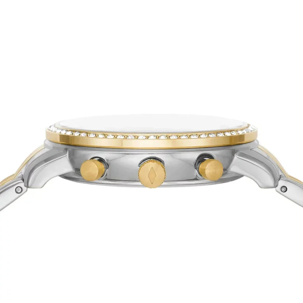 Fossil Neutra ES5216 chronograph watch case back showing two-tone design and gold pushers