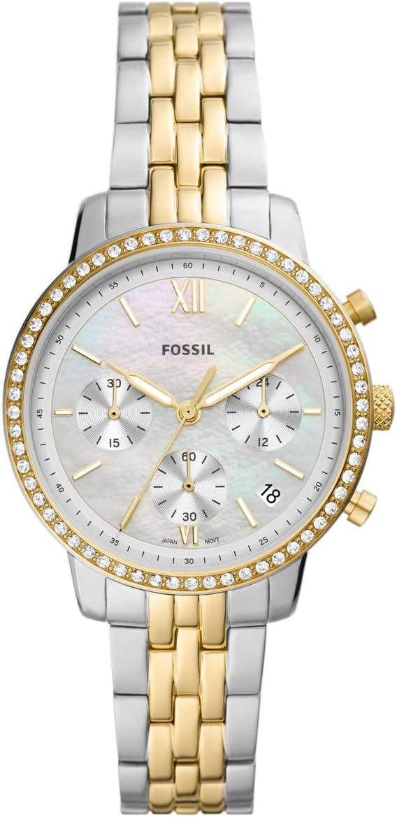 Fossil Neutra ES5216 chronograph watch with mother-of-pearl dial and gold-tone chronograph pushers