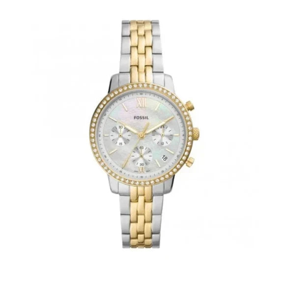 Fossil Neutra ES5216 chronograph watch front display with two-tone stainless steel bracelet