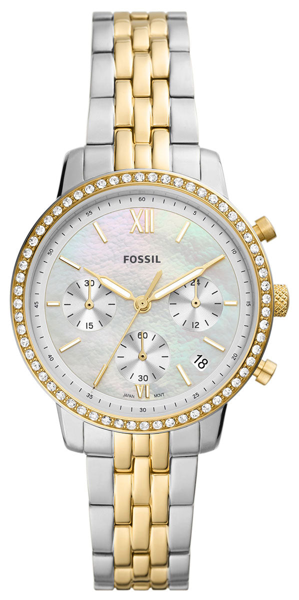 Fossil Neutra ES5216 chronograph watch front view with two-tone steel bracelet and diamond bezel