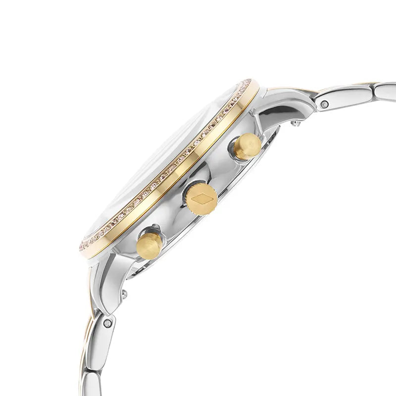 Fossil Neutra ES5216 chronograph watch side profile showing diamond bezel and pushers