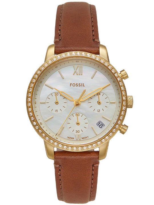 Fossil Neutra Chronograph gold-tone case with diamond bezel, white chronograph dial, and brown leather strap