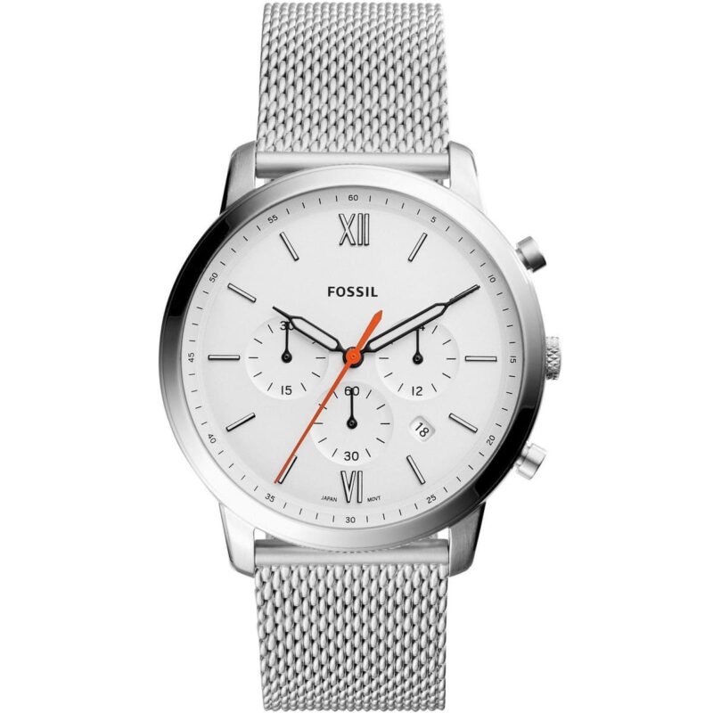 Fossil Neutra chronograph watch with white dial, Roman numerals, orange chronograph hands, and stainless steel mesh strap