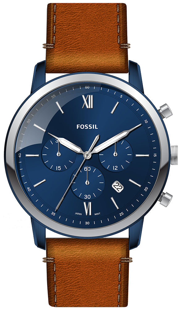 Fossil Neutra chronograph quartz watch with blue dial, Roman numerals and tan leather strap