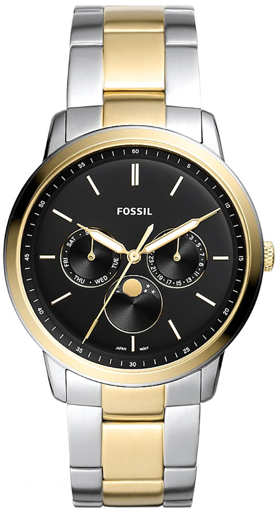 Fossil Neutra two-tone watch with black dial, moonphase subdial, and multifunction chronograph