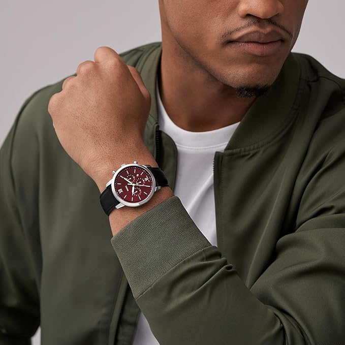 Fossil Neutra Chronograph Black LiteHide Leather Strap Burgundy Dial Quartz Men's Watch - FS6016
