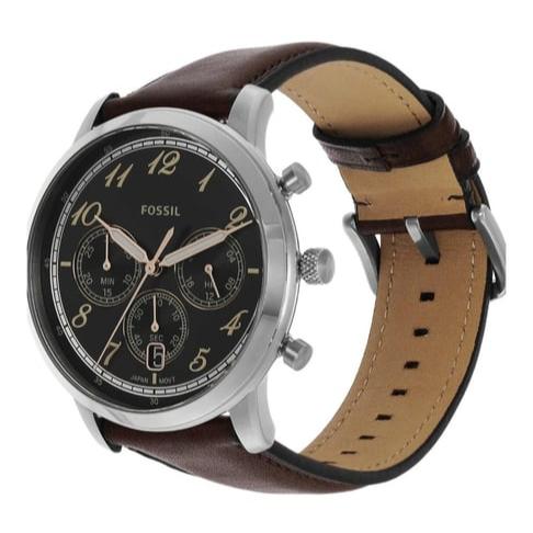 Fossil Neutra FS6024 chronograph watch at angle showing black dial and tan leather strap interior