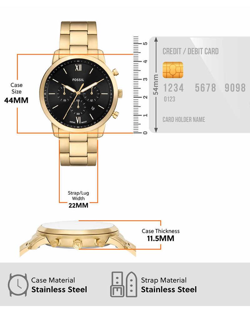 Fossil Neutra FS6093 watch specifications showing 44mm case size, 22mm strap width, 11.5mm thickness