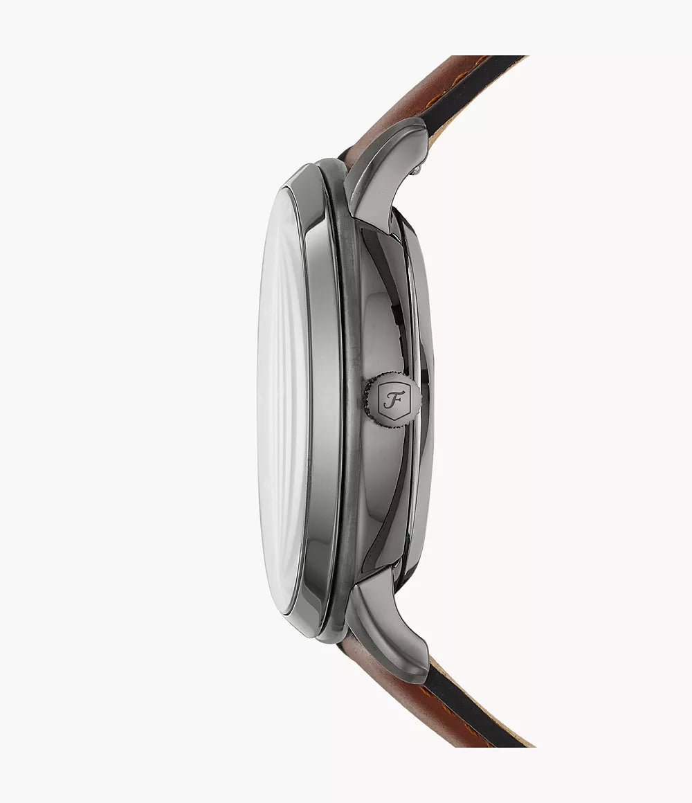 Fossil Neutra ME3161 side profile showing case depth and leather strap