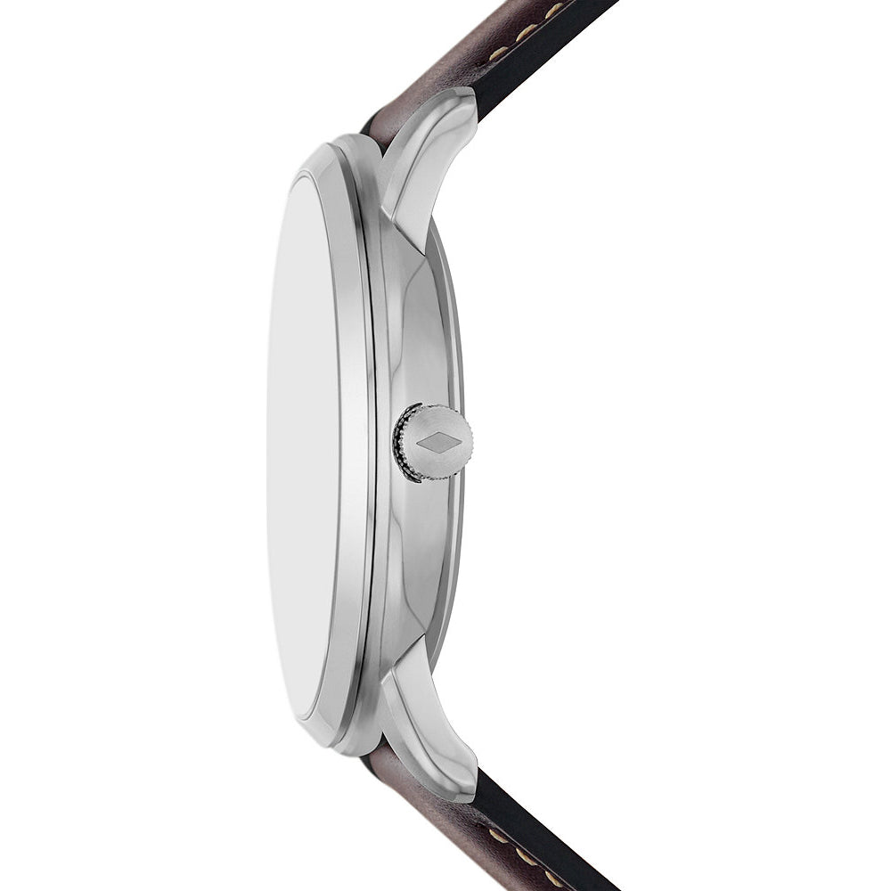 Side profile of Fossil Neutra moonphase watch showing silver case thickness and brown leather strap