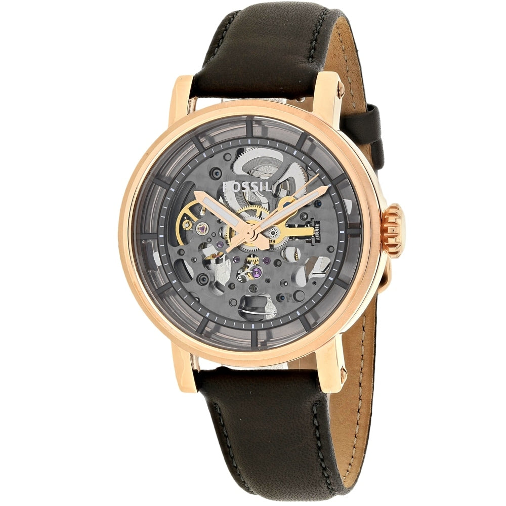Fossil Original Boyfriend ME3089 skeleton watch with rose gold case and black leather strap