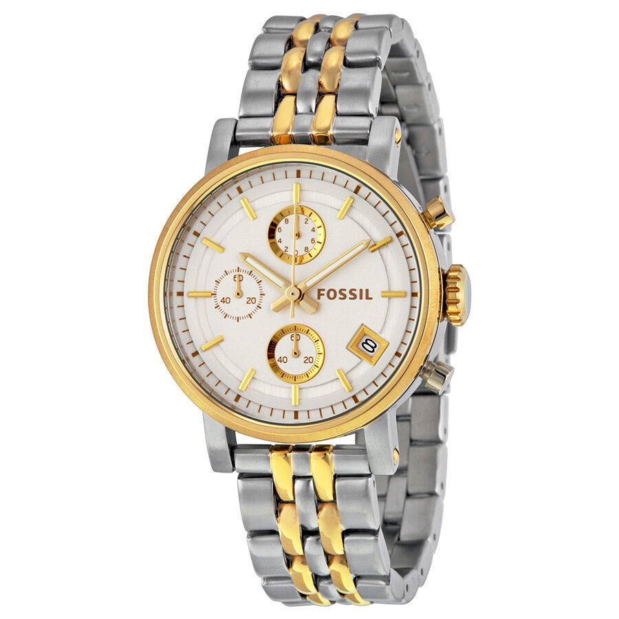 Fossil Original Boyfriend chronograph watch with white dial and two-tone stainless steel case and bracelet