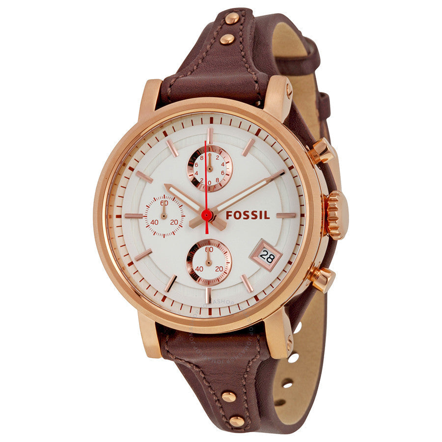 Fossil Original Boyfriend chronograph watch with white dial, rose gold case, and brown leather strap
