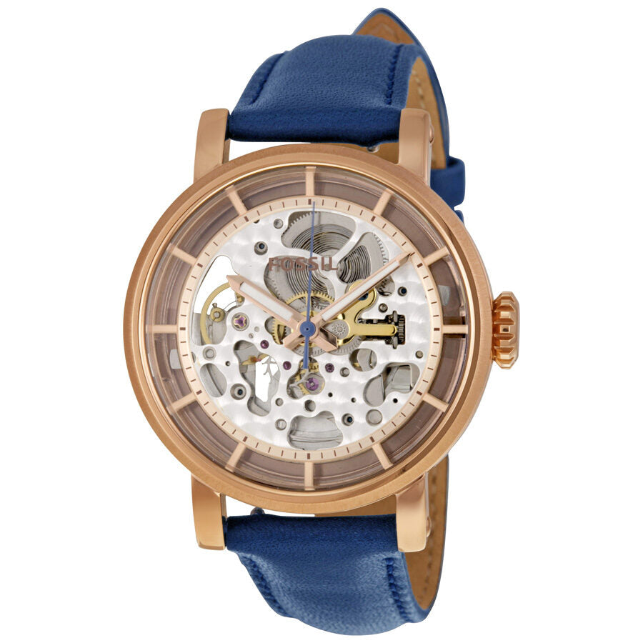 Fossil Original Boyfriend automatic skeleton dial ladies watch with rose gold case and blue leather strap