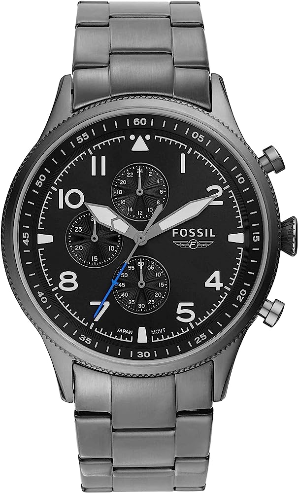 Fossil Pilot Chronograph watch with smoke stainless steel bracelet, black dial with Arabic numerals and three subdials