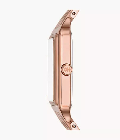 Fossil Raquel watch side profile displaying rectangular case depth and crown detail