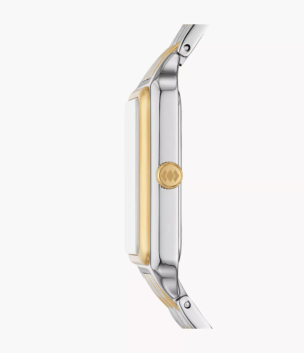 Fossil Raquel ES5305 watch side profile showing rectangular two-tone case thickness