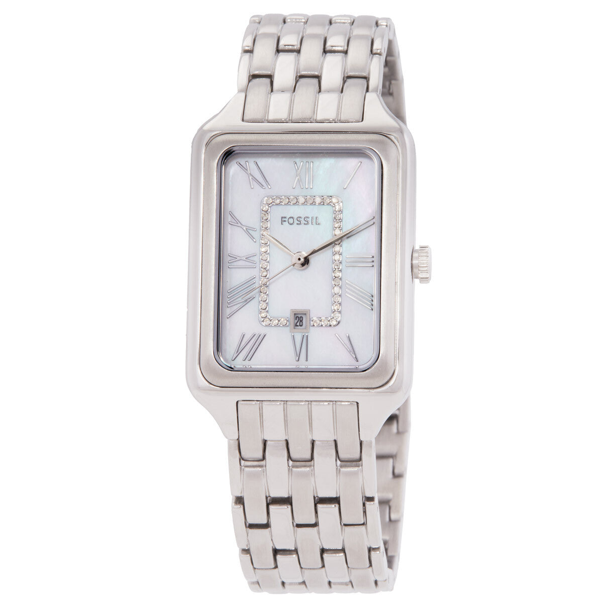 Fossil Raquel stainless steel watch with rectangular face, Roman numerals, and date window