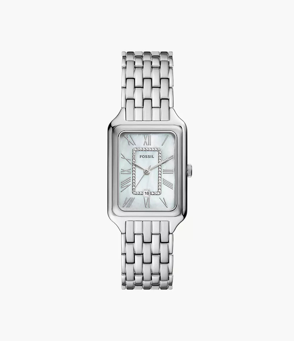 Fossil Raquel watch face detail with three-hand movement and date window on linked bracelet