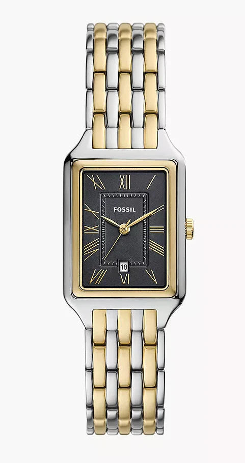 Fossil Raquel ladies watch with grey dial, two-tone case, and rectangular bracelet