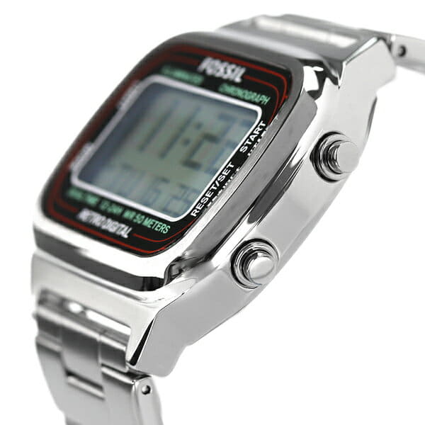 Fossil FS5844 retro digital watch shown at angle with chronograph buttons visible on side