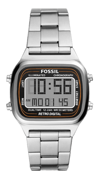Fossil Retro Digital silver-tone stainless steel men's watch with LCD display and metal band