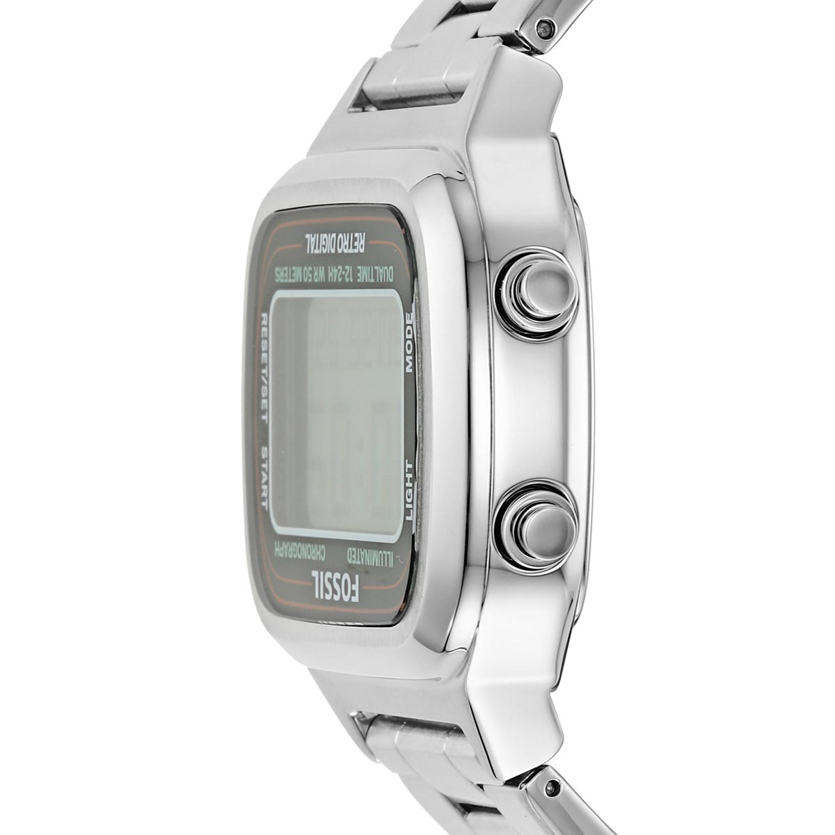 Side profile of Fossil Retro Digital FS5844 showing case thickness and stainless steel band