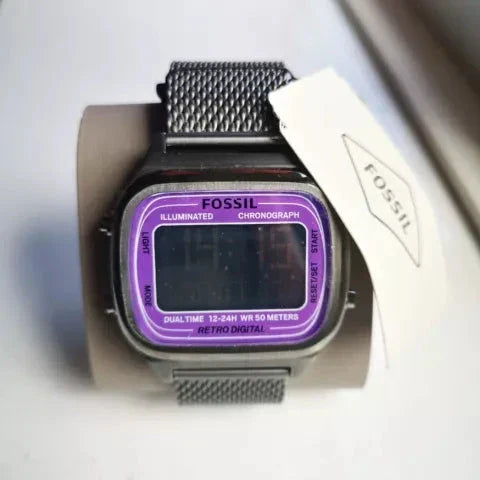 Fossil Retro Digital FS5888 with packaging showing mesh strap watch and product box