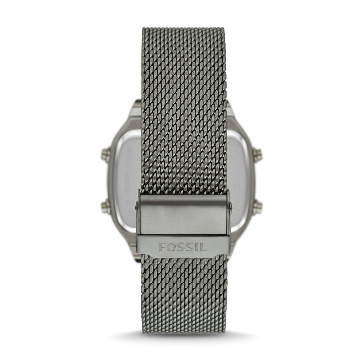 Back view of Fossil Retro Digital FS5888 watch with mesh strap and case back